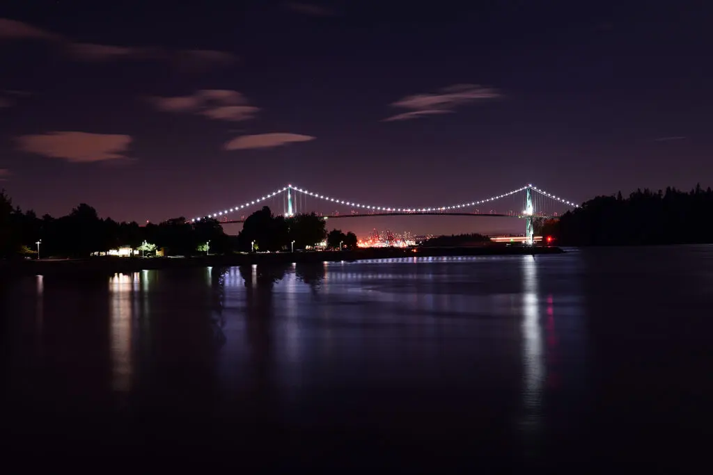 Lions Gate Bridge at night reflections Vancouver, BC Canada